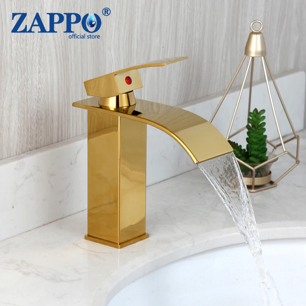 

ZAPPO Bathroom Sink Faucet Single Handle Faucets Deck Mounted Golden Polished Waterfall Mixer Tap Brass Single Lever Tap