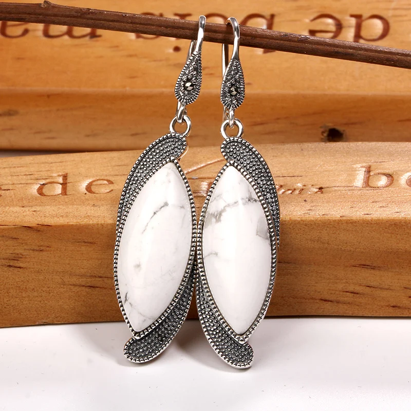 

ZHJIASHUN 100% 925 Sterling Silver Natural Precious Stone Earrings For Women Retro White Earring Female Silver Jewelry