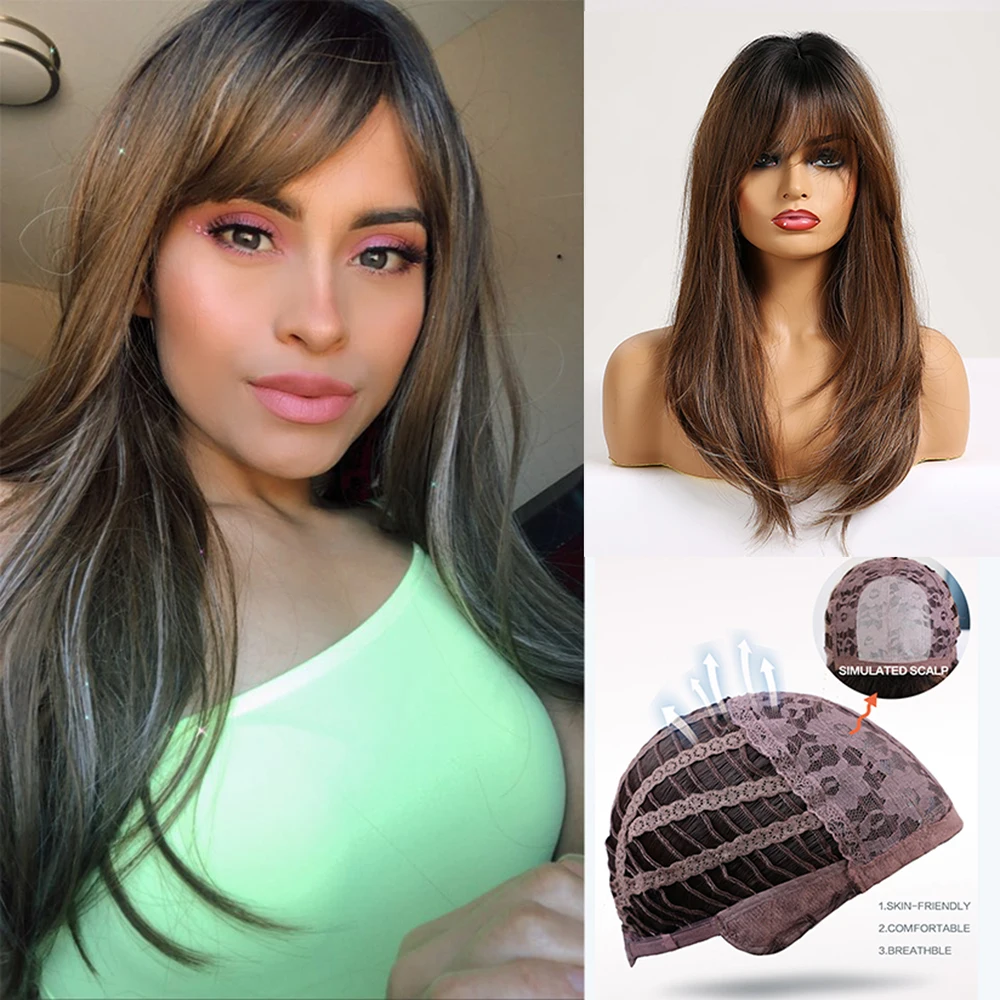 EASIHAIR Long Straight Wigs with Bangs Synthetic Wigs for Women Daily Natural Hair Wigs Brown Mixed Grey Hair Wig Heat Resistant