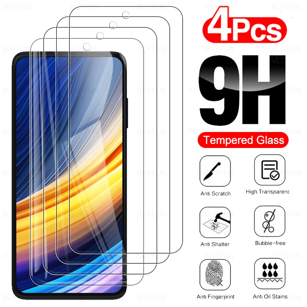 4PCS 9H Tempered Glass Case For Xiaomi Poco X3 Pro X3 NFC Screen Protector For Poco X6 X6Pro F3 M6 X7 Pro Protective Film Cover