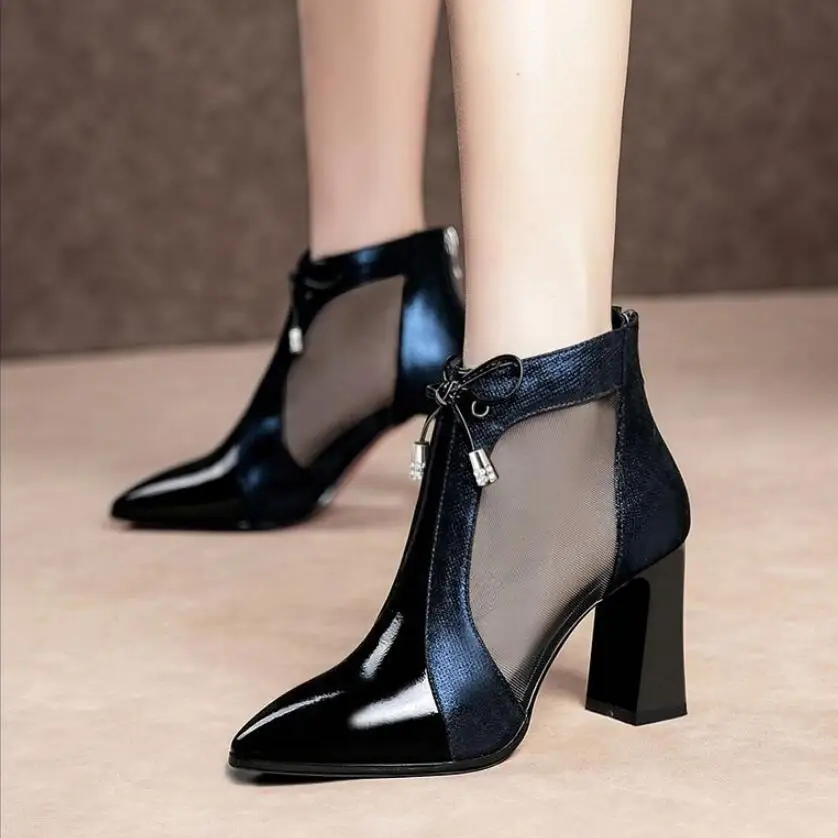 FHC New High Heeled Sandals Boots,Women Mesh Booties,Pointed toe,Summer Gladiator Shoes,Side Hollow Out,Blue,Wine Red,Dropship