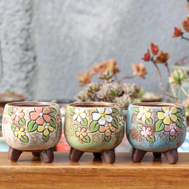 Horticultural Hand-painted Fleshy Plant Pot Rough Pottery Korean-style Simple Small Old Pile Air Permeable Thumb Pot Ceramics