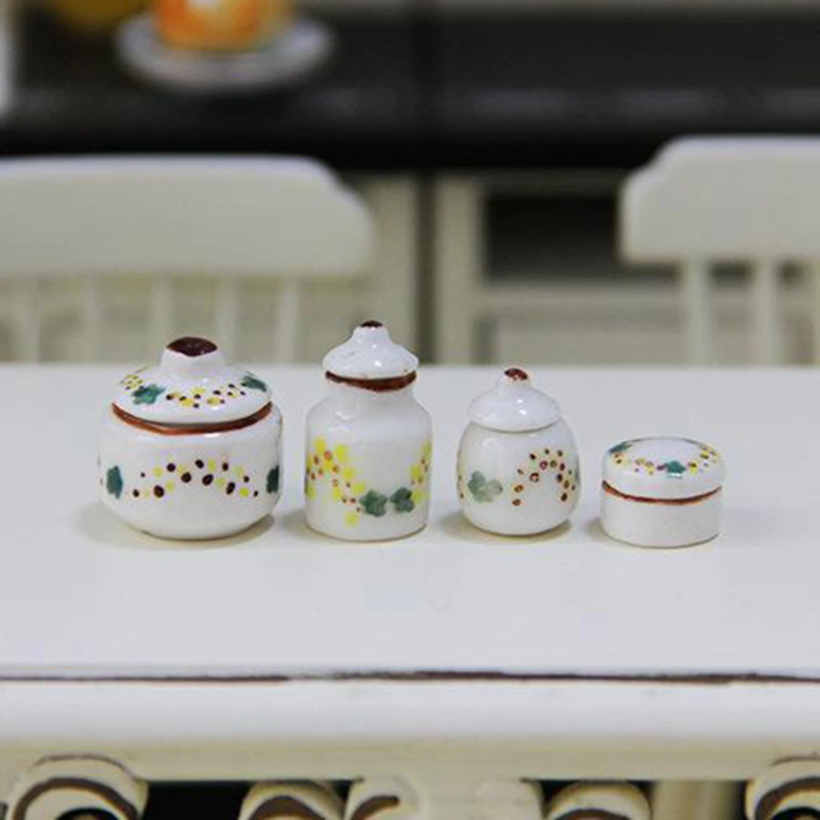 4PCS 1/12 Dollhouse Miniature White Porcelain Pots Cans Kitchen Seasoning Jar Ceramic Tableware Dollhouse Accessories