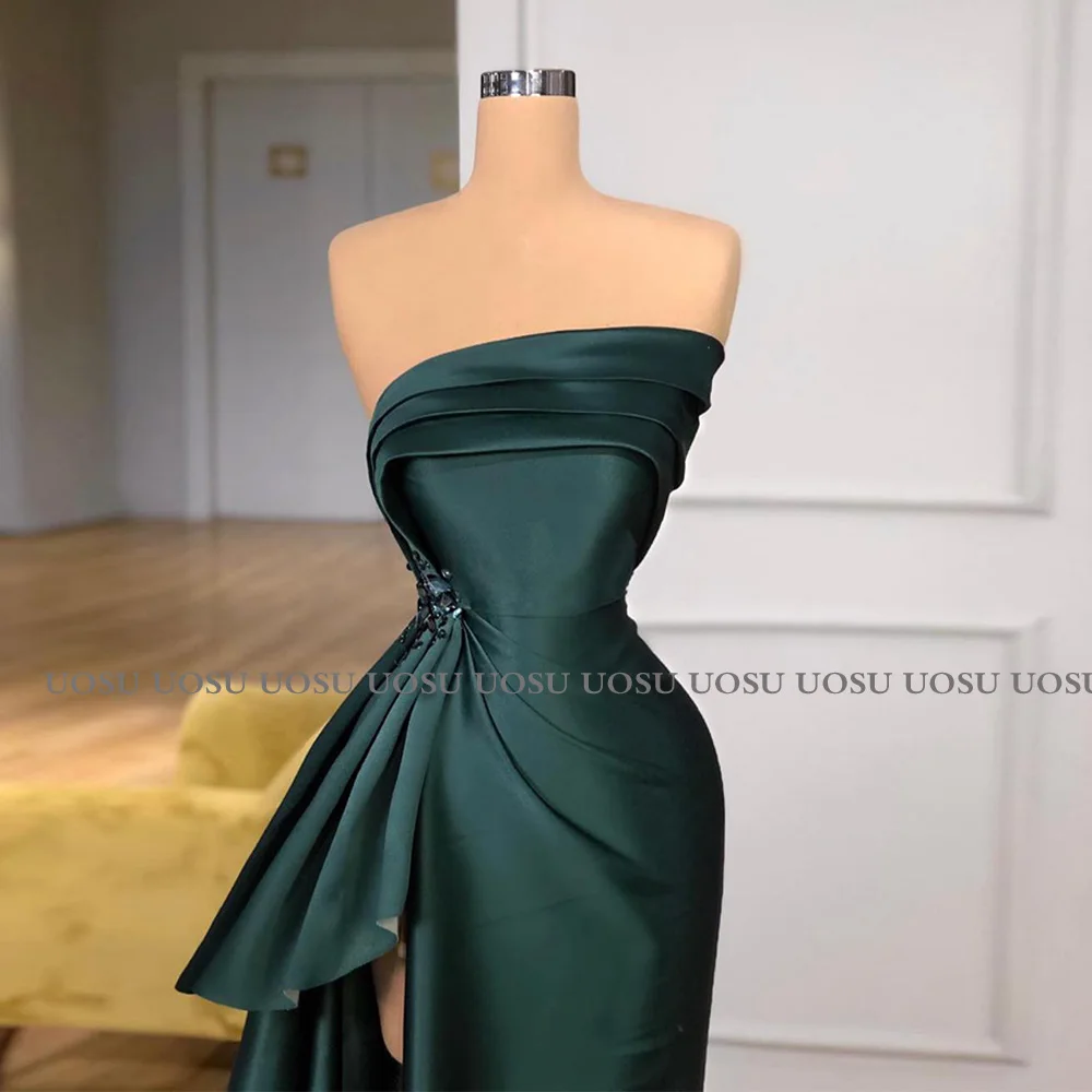 Emerald Green Formal Evening Dress Party Gowns Strapless Sleeveless Stones Sweep Train Satin Prom Dresses Robe Soiree