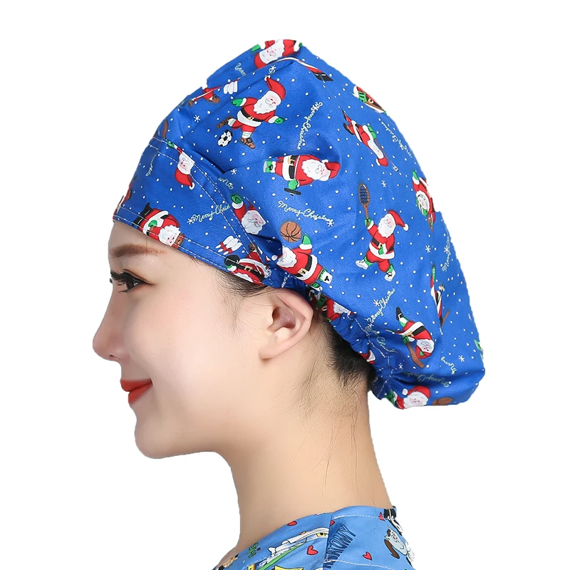 Christmas Scrubs Hats Printed Cotton Sweatband Bouffant Caps Adjustable Washable Printed Work Wear Beauty Salon Working Caps