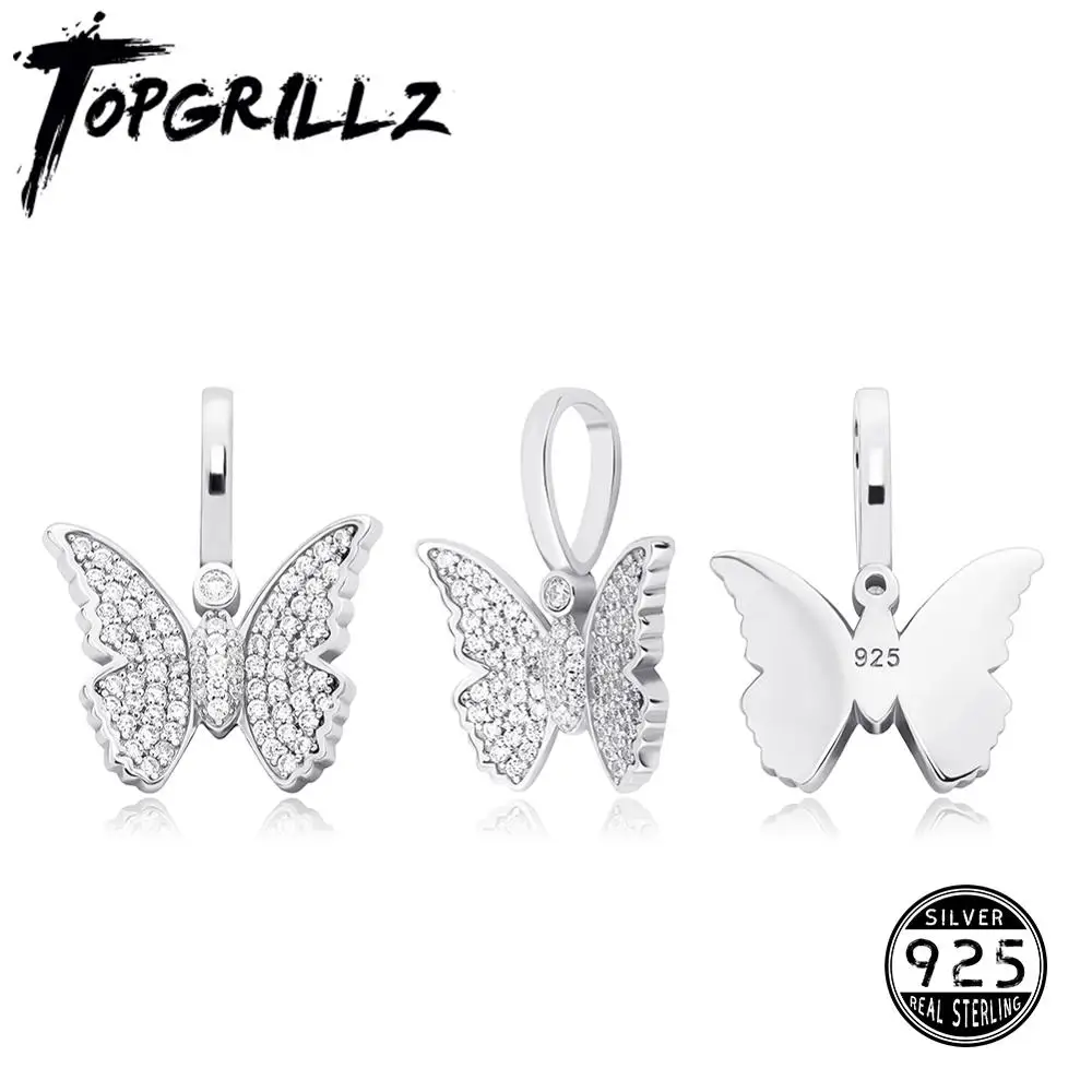 TOPGRILLZ 925 Sterling Silver New Butterfly Pendant Iced Out Cubic Zirconia Pendant Hip Hop Fashion Delicate Jewelry Gift Women