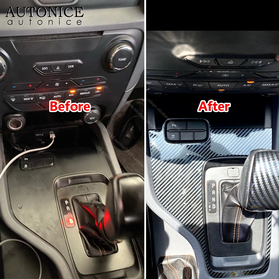 Carbon Fiber Color Stainless Button Gear Panel Cover Trim Fit for Ford Ranger 2015 2016 2017 2018 2019 2020 LHD Low version