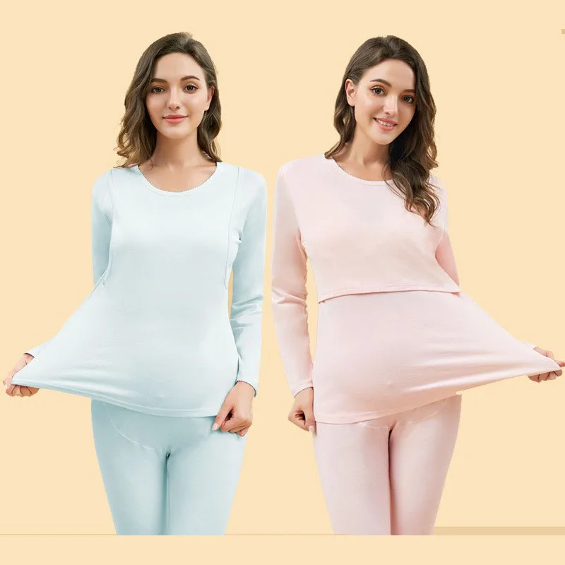 Cotton Pregnant Women's Clothes Long Sleeve Crew Neck Thermal Underwear Postpartum Nursing Pajamas Convenient For Breastfeeding