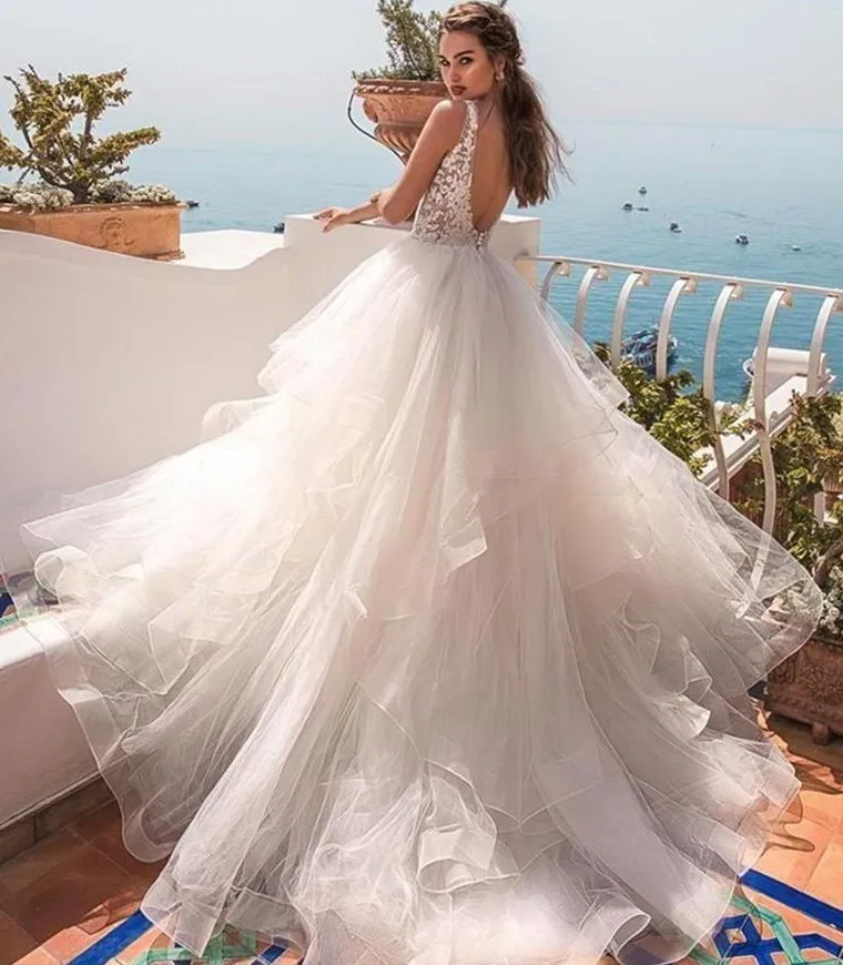 Vestidos de novia con volantes y cuello en V para mujer, vestidos de novia sexys con apliques de encaje, formales, sin espalda, para playa, gran oferta, 2020