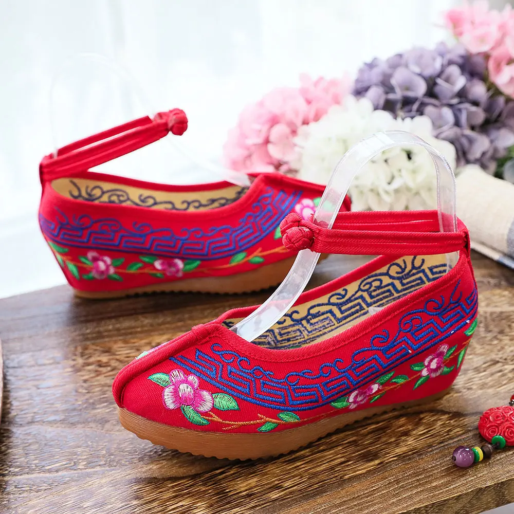 Veowalk Size 34-43 Woman Flower Embroidered Hidden Platform Old Beijing Shoes Ankle Strap Cotton Fabric Sneakers