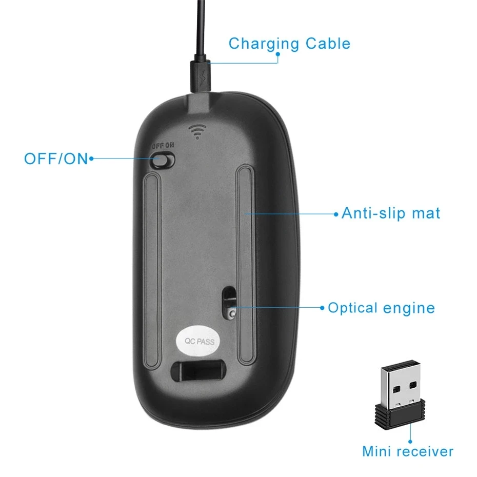 Portable Wireless Mouse 2.4Ghz 1600DPI Computer Mouse USB Rechargeable Silent Business Home Office Mini PC Mice For Laptops