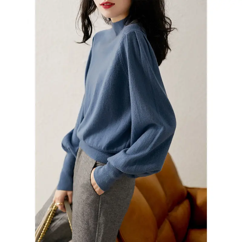 Women Elegant Sweater Mock Neck Cashmere High Quality 2023 Autumn Jumper Lantern Sleeves Pullover Office Lady Knitwear GGJ-00