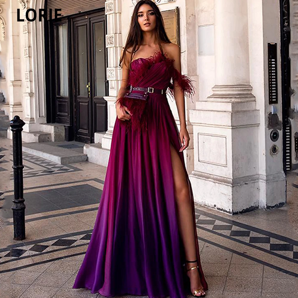 LORIE Colorful Celebrity Dresses Chiffon con piume a-line abiti da sera formali 2021 Beach Prom Party Dresses High Split