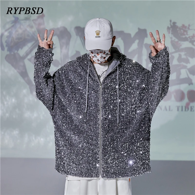 

New Sequin Hooded Jacket Men Streetwear Korean Hip Hop Harajuku Fashion Coat Autumn Zipper Loose Party Nightclub Stage Costumes