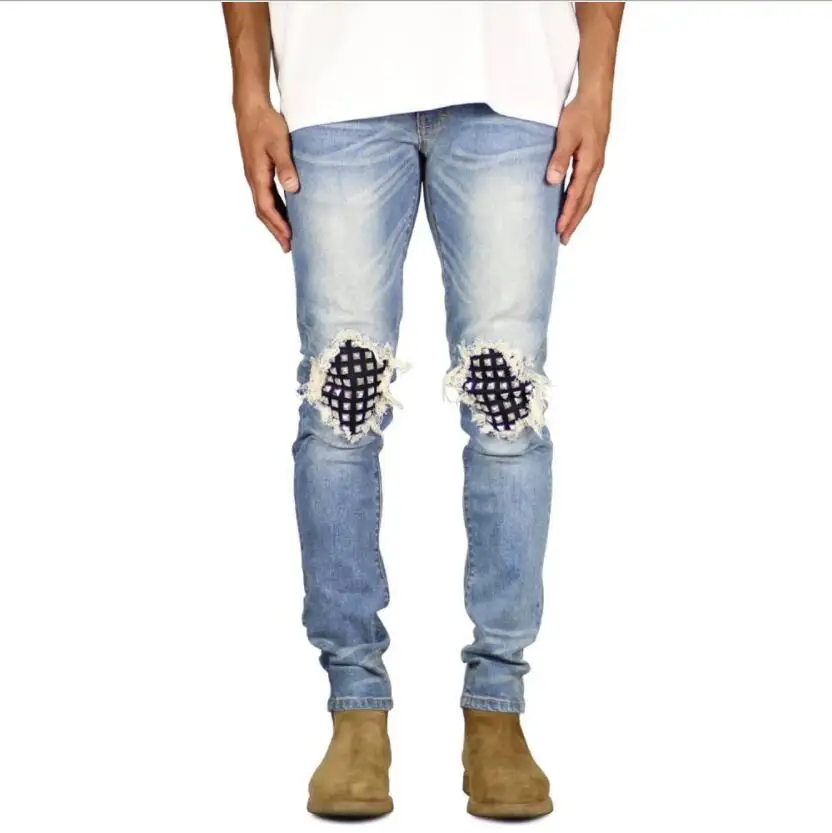 Men's Ripped Studded Knee Stretch Skinny Fashion Casual Distressed Hip Hop Men Jeans