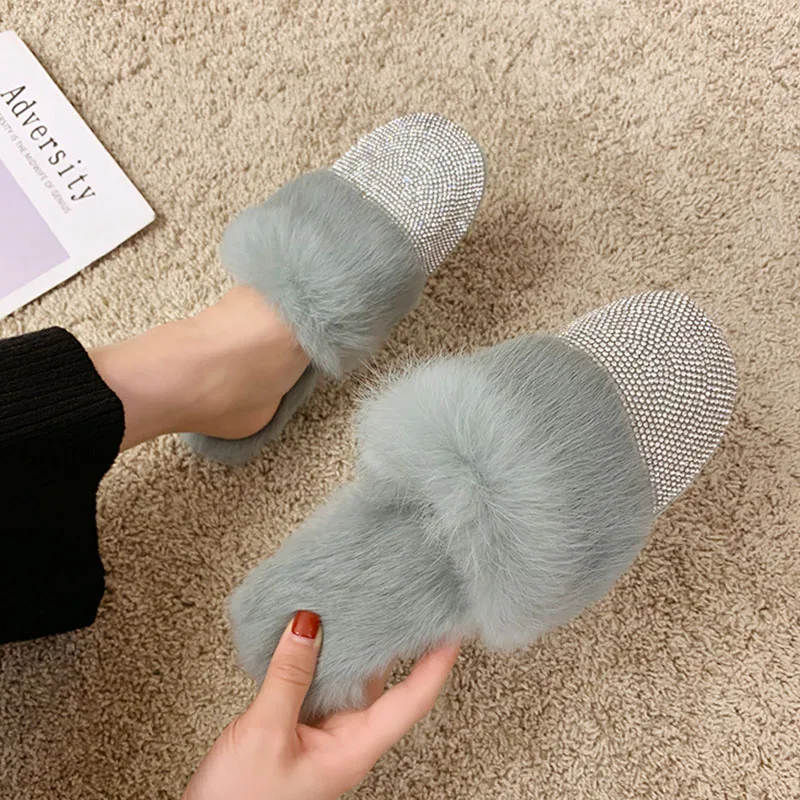 Women Slippers Ladies House Luxury 2023 Rhinestone Fur Crystal Winter Home Female Outdoor Mules Flats Shoes Slides For Women