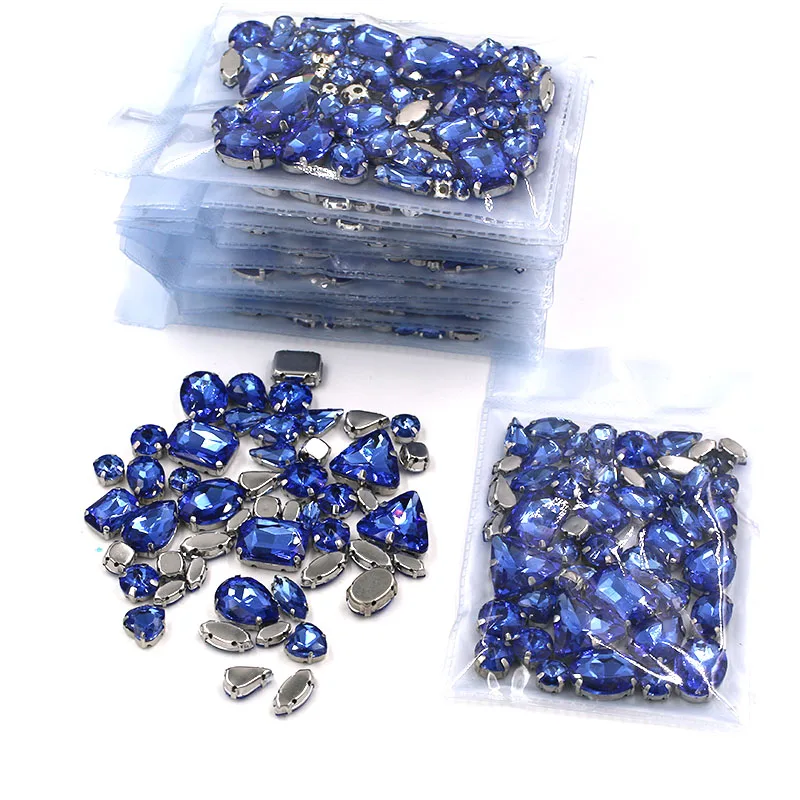 Clothing accessories  Wholesale 5 bags mixed shape glass crystal sliver base Light blue sew on rhinestones diy wedding dress