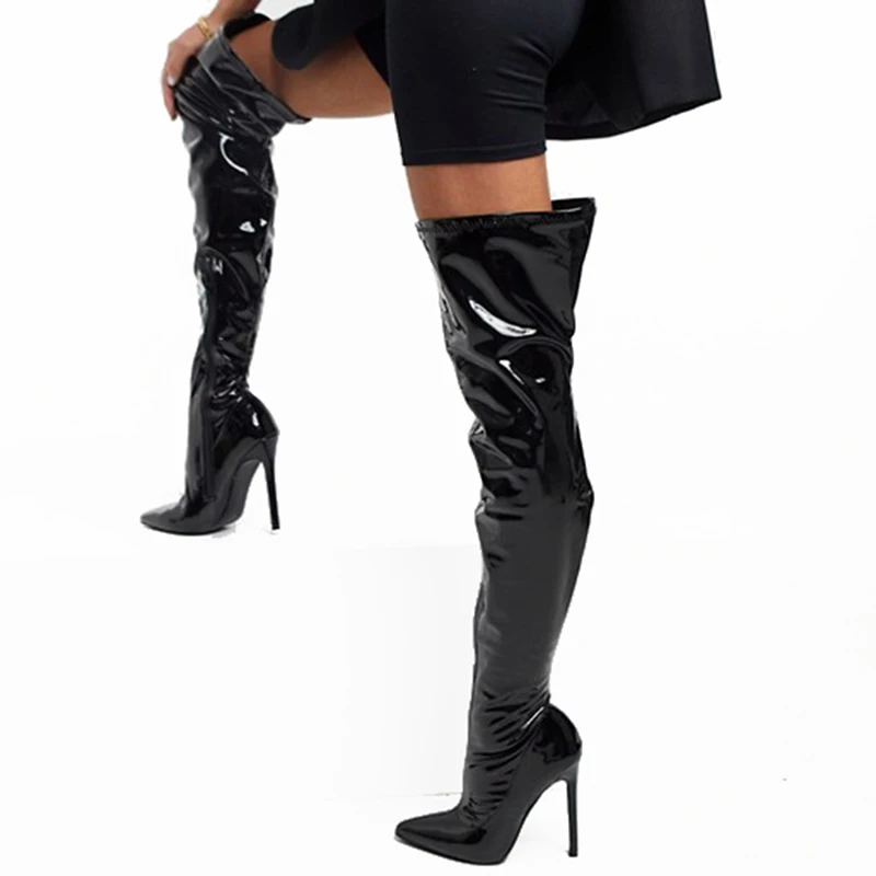 Black Patent Leather Thigh High Boots for Women 2024 Over the Knee Boot Stiletto High Heel Large Size Long Boot Winter Shoes