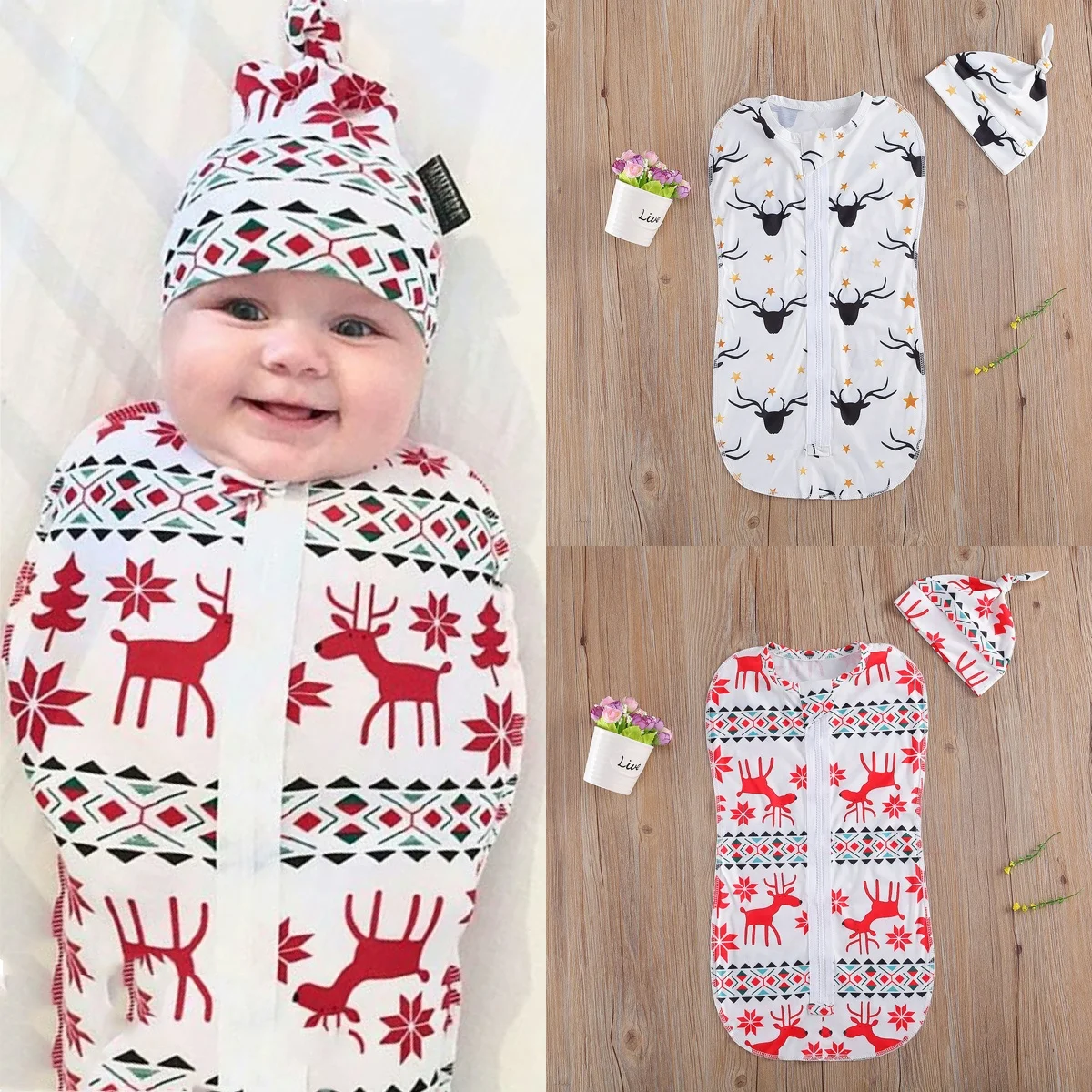 2 Chiếc Giáng Sinh Hươu Dây Kéo Túi Ngủ Bộ Cổ Tròn Thun Chăm Sóc Bé Ngủ Bỏ Túi Và Vòng Mũ 0-6 tháng