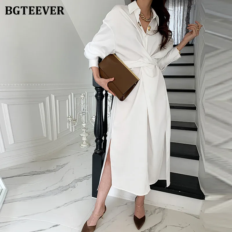 BGTEEVER Summer Turn-down Collar Women Midi Dress Full Sleeve Single-breasted Female Shirt Dress Ladies Side Split Solid Vestido