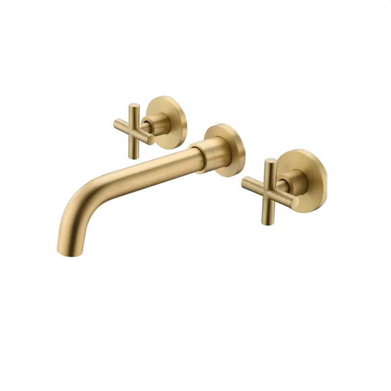 Bathroom Basin Faucets Solid Brass Brushed Gold Sink Mixer Tap Hot & Cold Lavatory Crane In-Wall Mounted Dual Handle 3 Hole Type