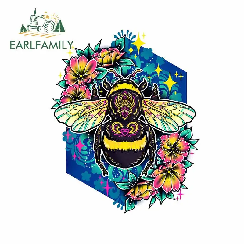 

EARLFAMILY 13cm x 10.5cm for Bumble Bee Flower Star Windshield Decal RV Window Refrigerator Car Stickers Cartoon Car Assessoires