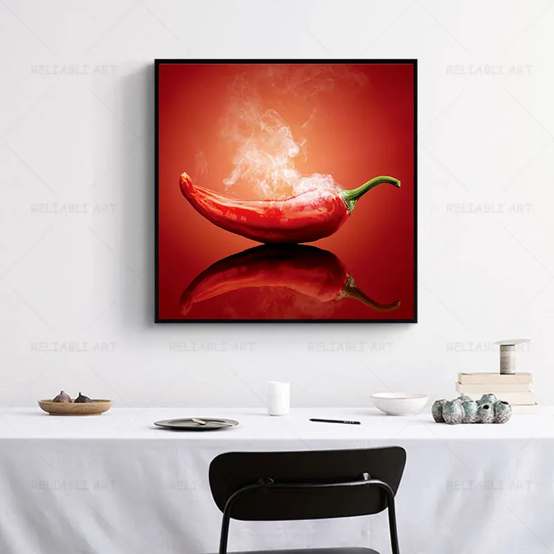 Red Chilli on Fire Pictures Vegetables Posters on Canvas for Kitchen Restaurant Decorative Painting Wall Murals Art for Home