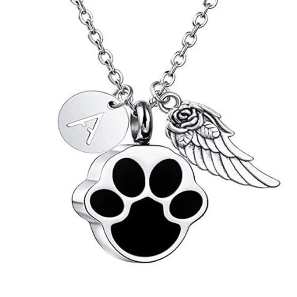 Paw Print Ashes Urn Pendant Necklace Stainless Steel Letter Initial Charm Memorial Dog Cat Pet Keepsake with Angel Wing