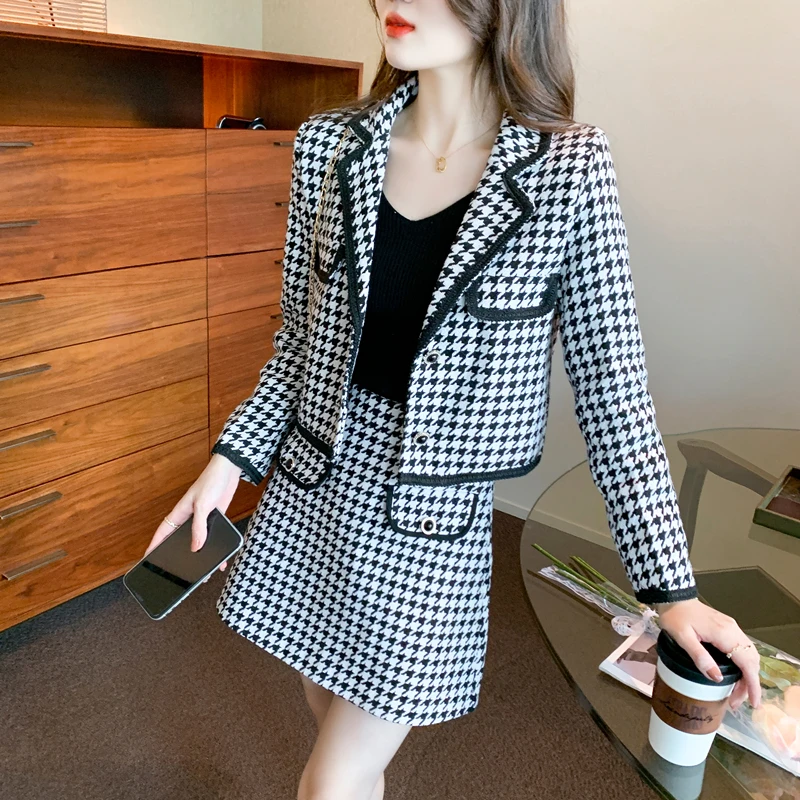 

Autumn Winter Fashion Small Fragrance Wind Tweed Short Jacket +Ladie High Waist A-Line Skirt Suit Vintage Houndstooth 2Piece Se