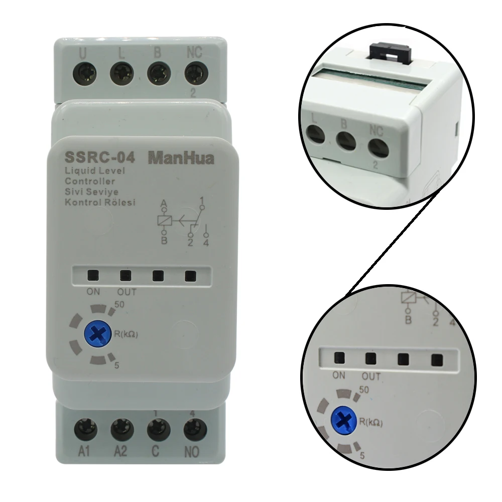 ManHua 220/230VAC 50/60Hz DIN rail SSRC-04 liquid level controller adjustable 5-50kΩ