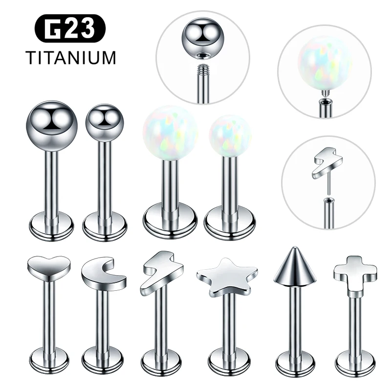 G23 Titanium Surgical Metal Septum Piercing Opal Labret Lip Ear Nose Dimple Stud Thread Tighten Ring Men Women Body Jewelry 16G
