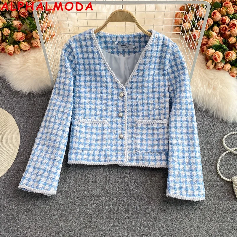 

ALPHALMODA 2021 Autumn Women Tweed V-neck Coat Long Sleeve Top Single Breasted Pocket Ladies Elegant Plaids Outfit