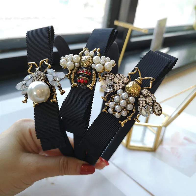 New Korea Bee Black Fabric Hairband Women Alloy Rhinestone Pearl Vintage Hair Accessories Bow Luxury Lady Headband Headdress