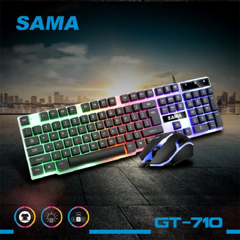 SAMA 104 teclas USB con cable ratón y teclado conjunto/Kit estándar con cable USB flotante para PC portátil Oficina en casa GT710 LED