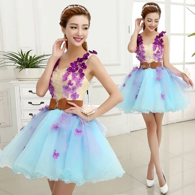 Free ship purple petals light blue tutu lovely short lolita dress/stage performance/studio/can customs size