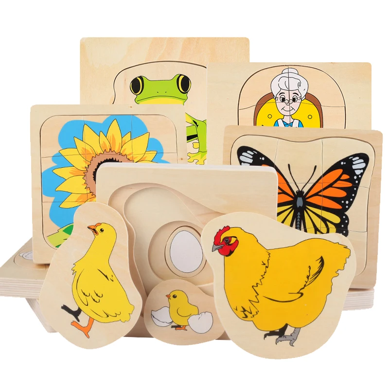 Wooden Kids Animal/ Plant Life Cycle 3D Puzzle Toy Montessori Teaching Aids Multi-Layer Jigsaw Early Learning Toys For Preschool