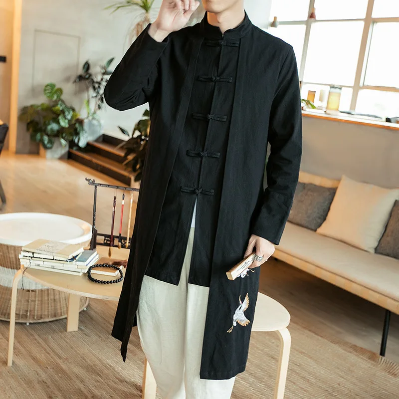 Catazer Chinese Clothing for Men Coat Tops Linen Embroidery Crane Casual Long Gown Kungfu Clothes Traditional Chinese Style