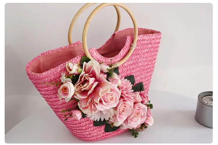 Bohemia Style Holiday Casual Women Summer Beach Rattan Handbag Colorful Artificial Flower Weave Straw Tote Handbag and Hat Suit