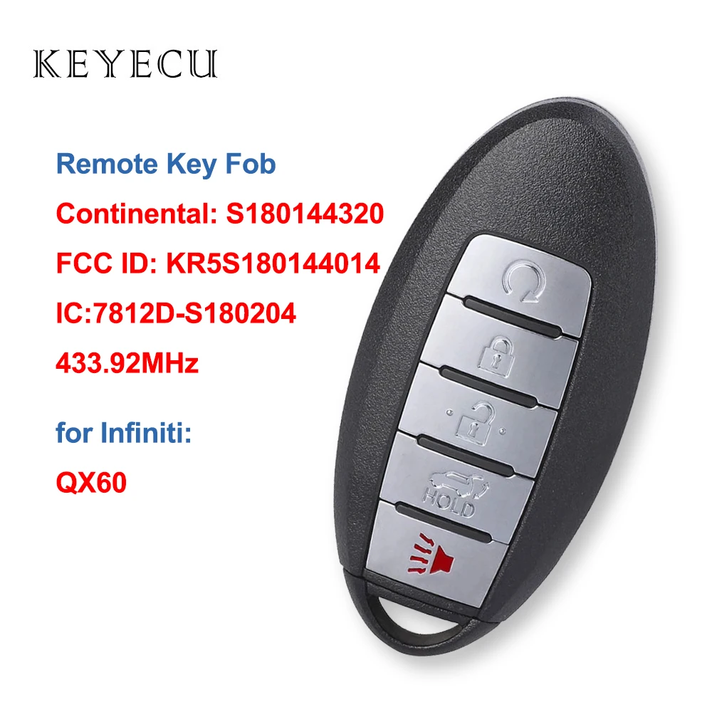 

S180144320 Remote Car Key Fob 5 Buttons 433.92MHz 4A Chip for Infiniti QX60 2016 2017 2018 FCC ID: KR5S180144014