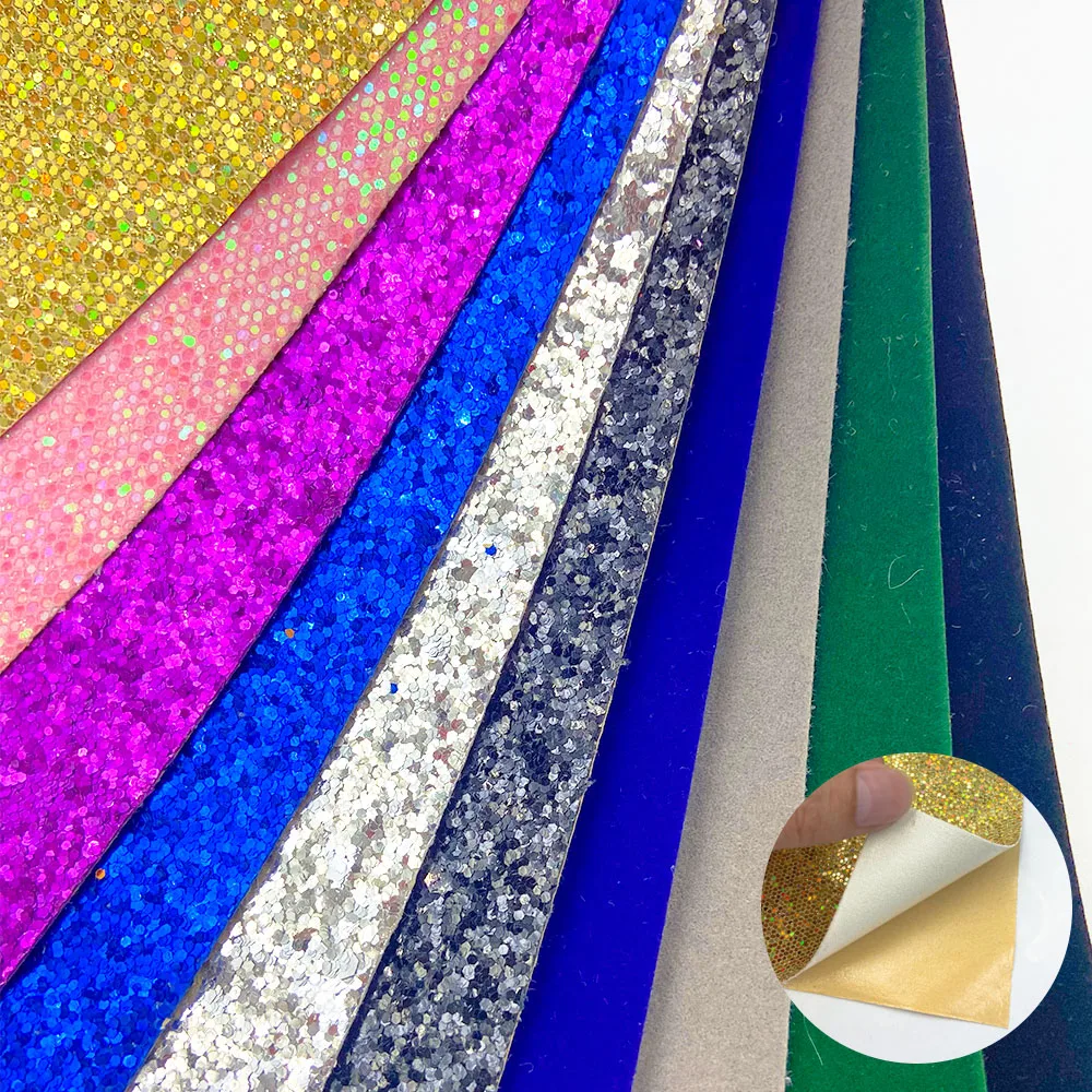 10pcs Self Adhesive Velvet Flocking PU Leatherette Fabric Cartoon Iridescent Kids DIY Art Box Bow Toy Craft Handmade Wholesale