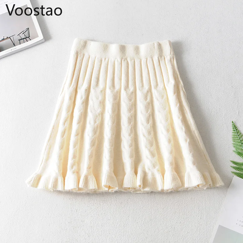 Autumn Winter Women Preppy Chic Ruffles Knitted Mini Skirts Casual Solid High Waist A-Line Faldas Mujer Girls Harajuku Skirt