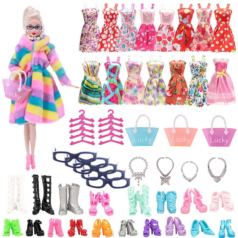 42Item/Set Barbies Doll Accessories=10Suspender Skirts+5Glasses+4Necklaces+1Handbag+5Hairs Of Shoes+10 Hangers,Dollhouse Clothes