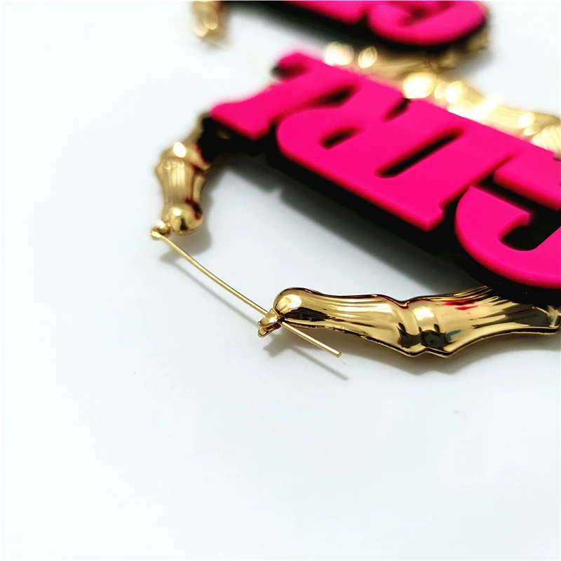 KUGUYS 9CM GIRL Gold Color Big Hoop Earrings for Women Birthday Gift Fashion Jewelry Hyperbole Hot Pink Letters Acrylic