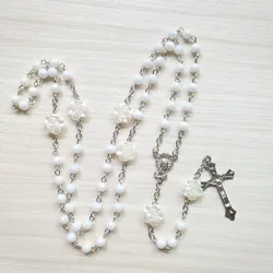 QIGO White Rose Plastic Rosary Necklace Long Jesus Cross Religious Prayer Jewelry