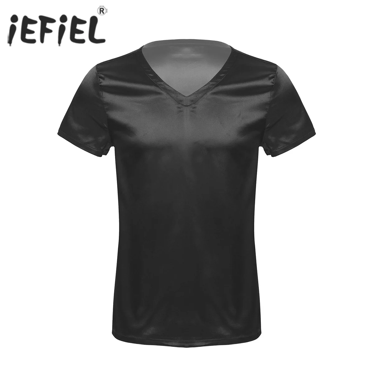 Mens Male Clothing V Neck Short Sleeve Satin Casual Comfortable T-Shirt Loose Pajamas Tops Loungewear Sleepwear Nightwear