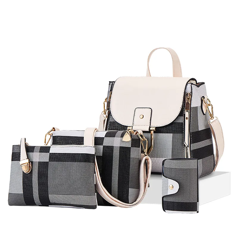 Conjunto de bolsos de gran capacidad para mujer, Mochila de Color a cuadros, bolso cruzado de hombro de cuero PU, a la moda, 4 Uds.