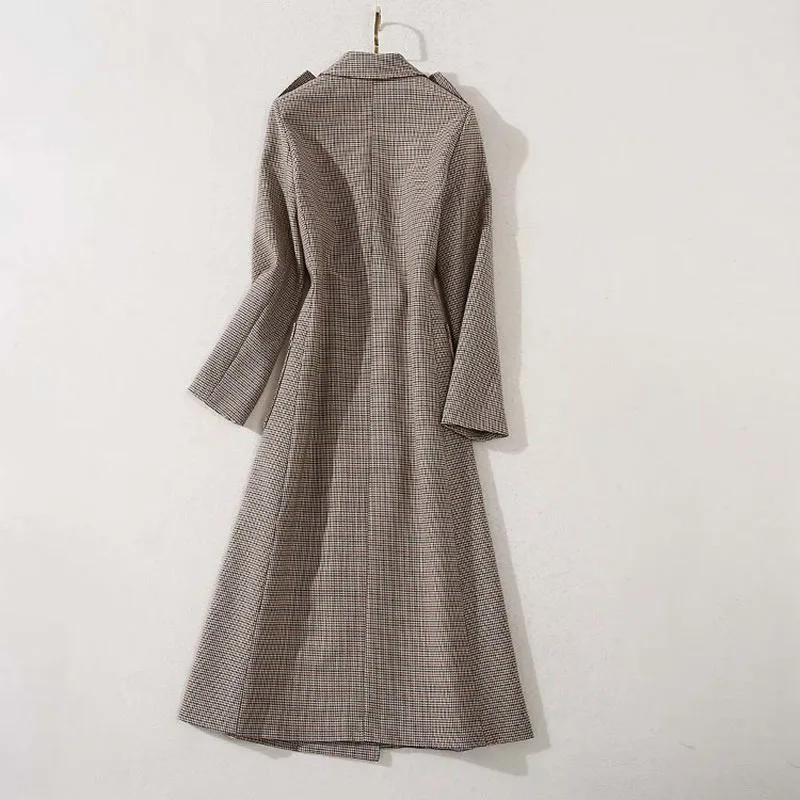 Sale High Quality Nice Newest Runway Coat Women's Notched Long Sleeve Pockets Lion Buttons Houndstooth Wool Long coat