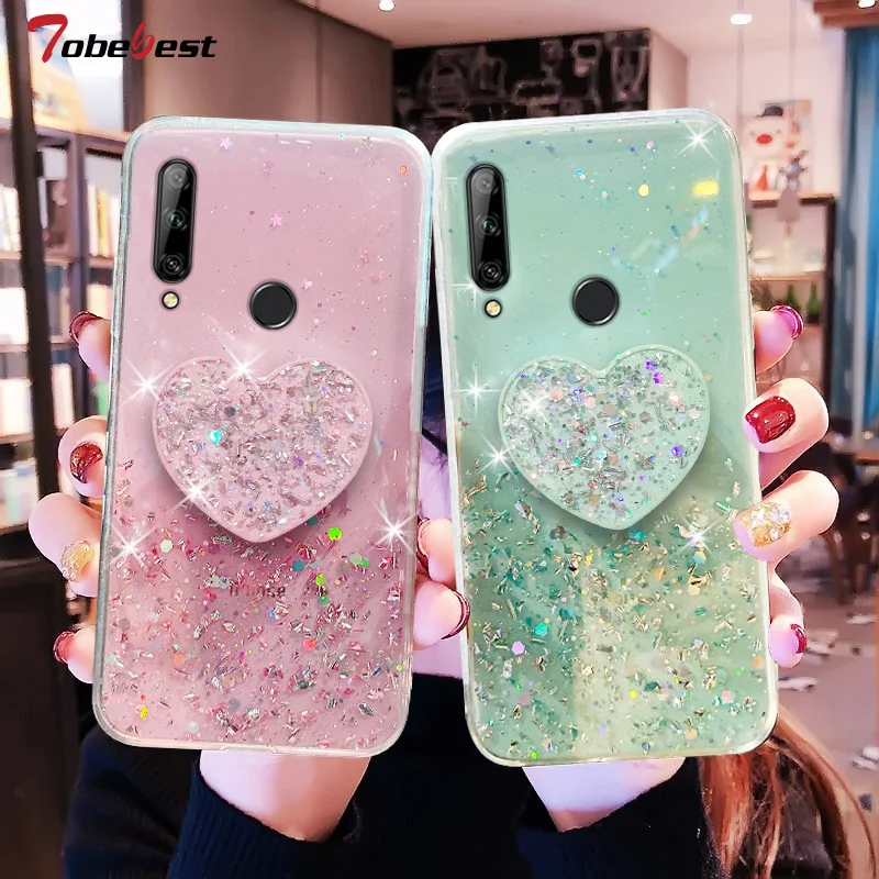 Bling Glitter Heart Love Phone holder Case For Huawei Y6P Y5P Y7P Y8S Y8P Y9 Y7 Prime Y6 Y5 2019 Silicone Silver Foil Cover