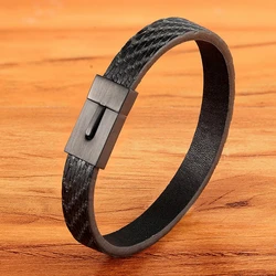 XQNI Classic Simple Style Leather Texture Stainless Steel Push Button Men's Leather Bracelet Handsome Boy Special Gift Discount