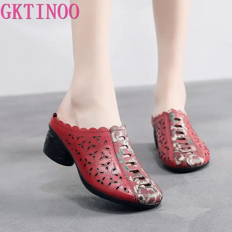 GKTINOO 2024 Spring Summer Ethnic Retro Slippers Ladies Genuine Learher Hollow Out Shoes for Women Outside With Heel Print Mules